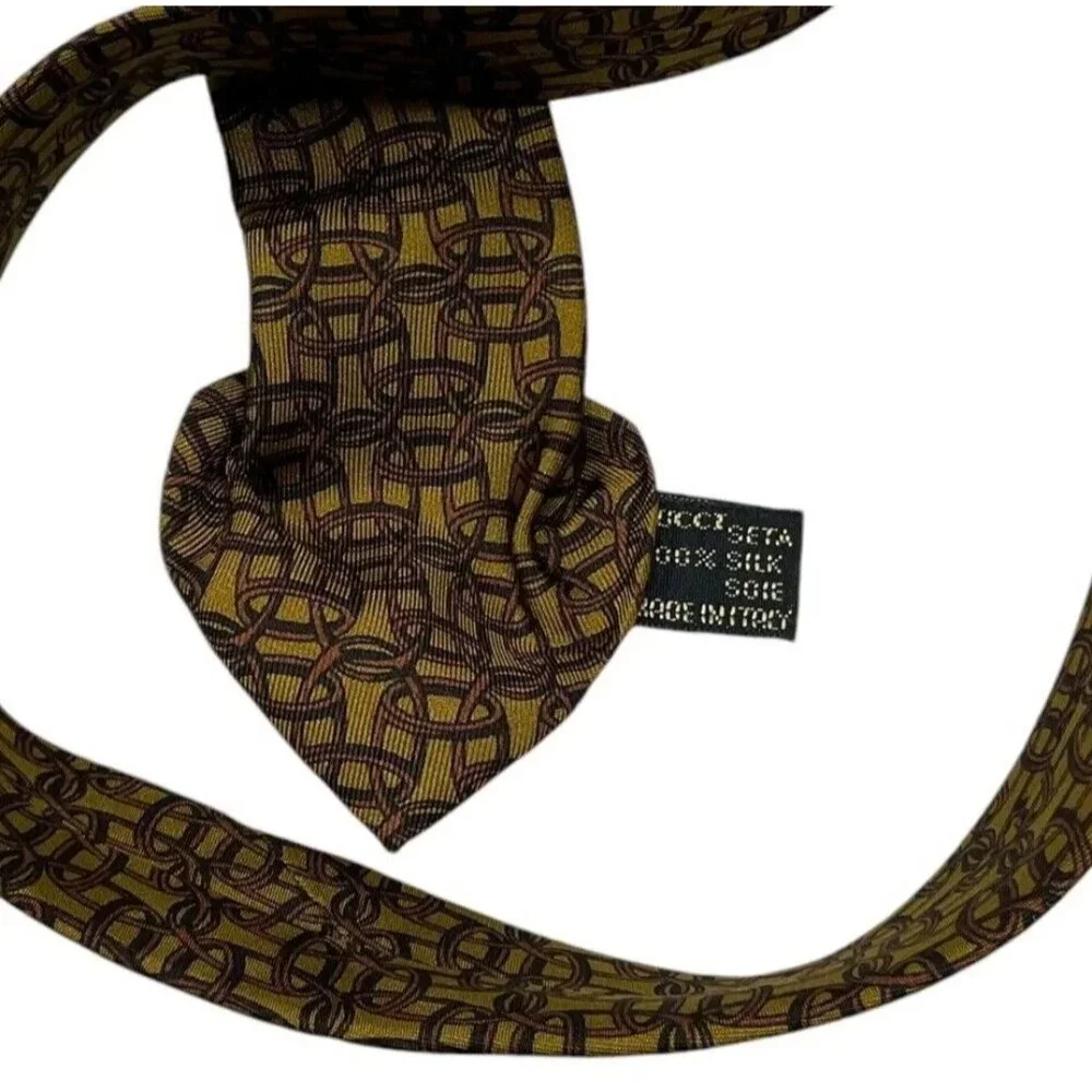 GUCCI Men's 100% Silk Necktie LUXURY Tie Brown Equestrian W:3.6" EUC - Picture 3 of 5